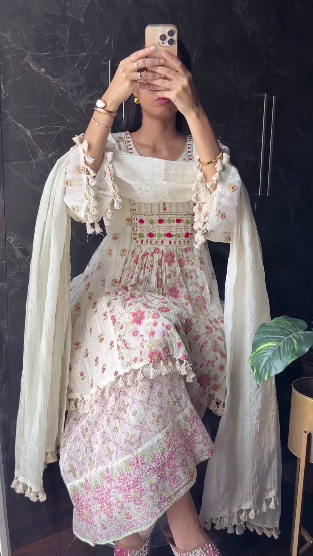 White Multi-Floral Long Dress with Tassel Sleeves and Layered Hemline – Designed for Elegant Everyday Style and Boutique Occasions