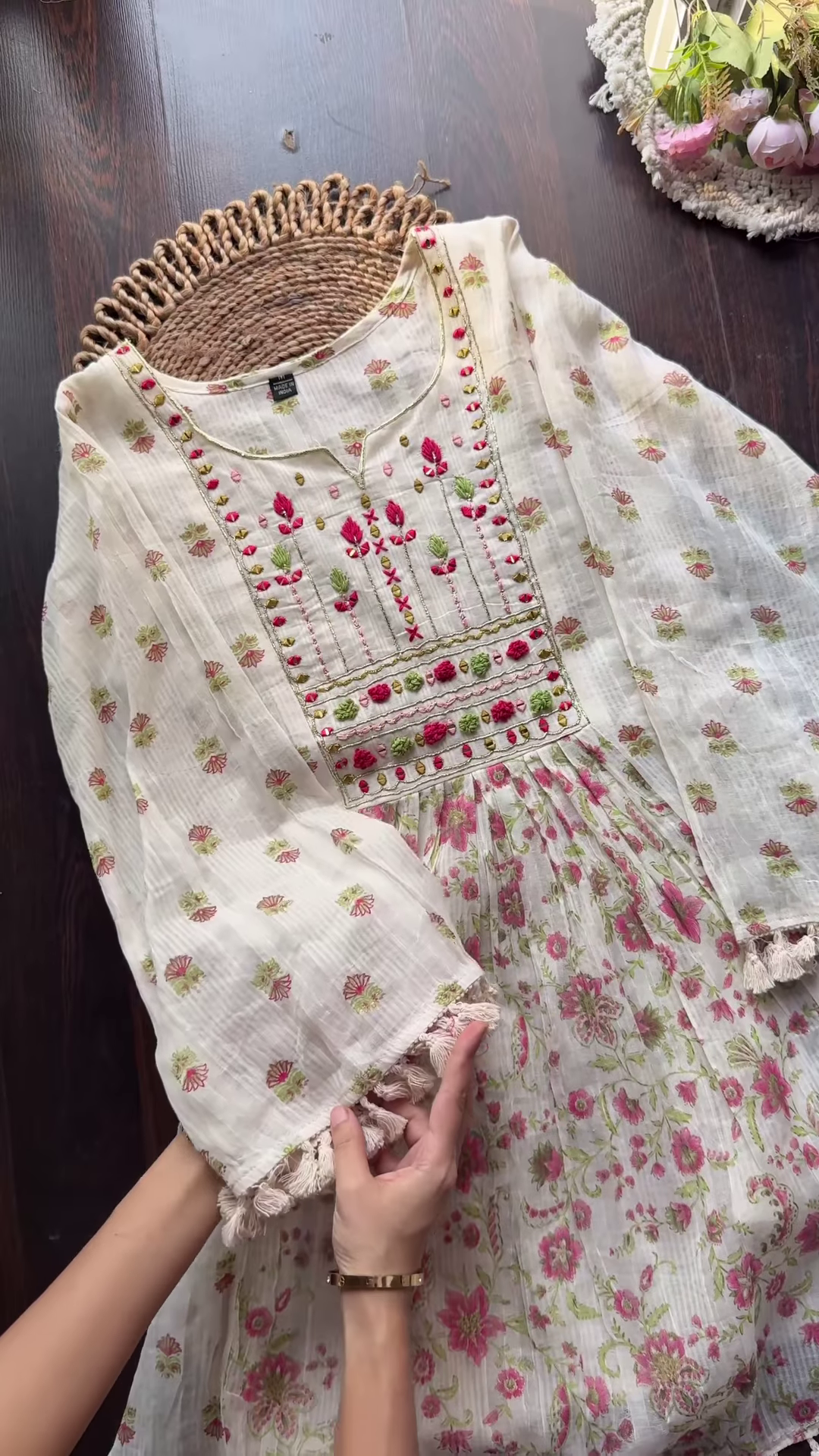 White Multi-Floral Long Dress with Tassel Sleeves and Layered Hemline – Designed for Elegant Everyday Style and Boutique Occasions