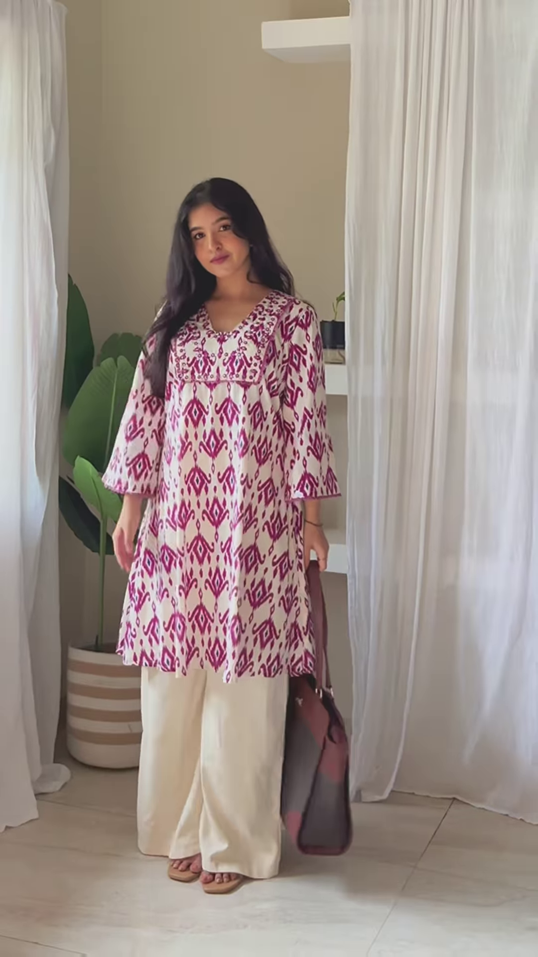 Blue Floral Kurta Set in Sunlit Interior – Graceful Everyday Elegance
