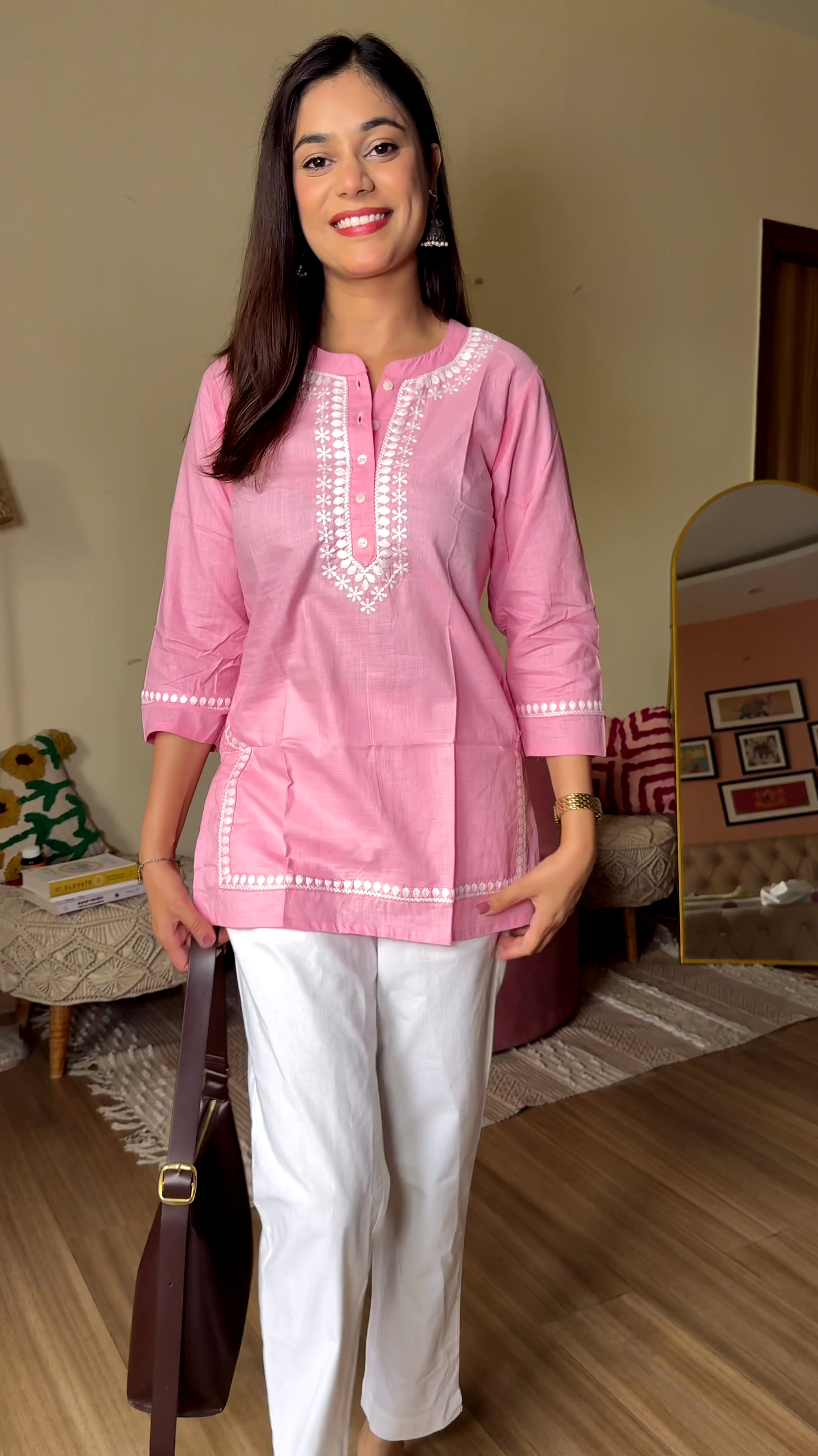 Blush Embroidered Kurta Set in Cozy Living Room – Soft Elegance with Everyday Charm