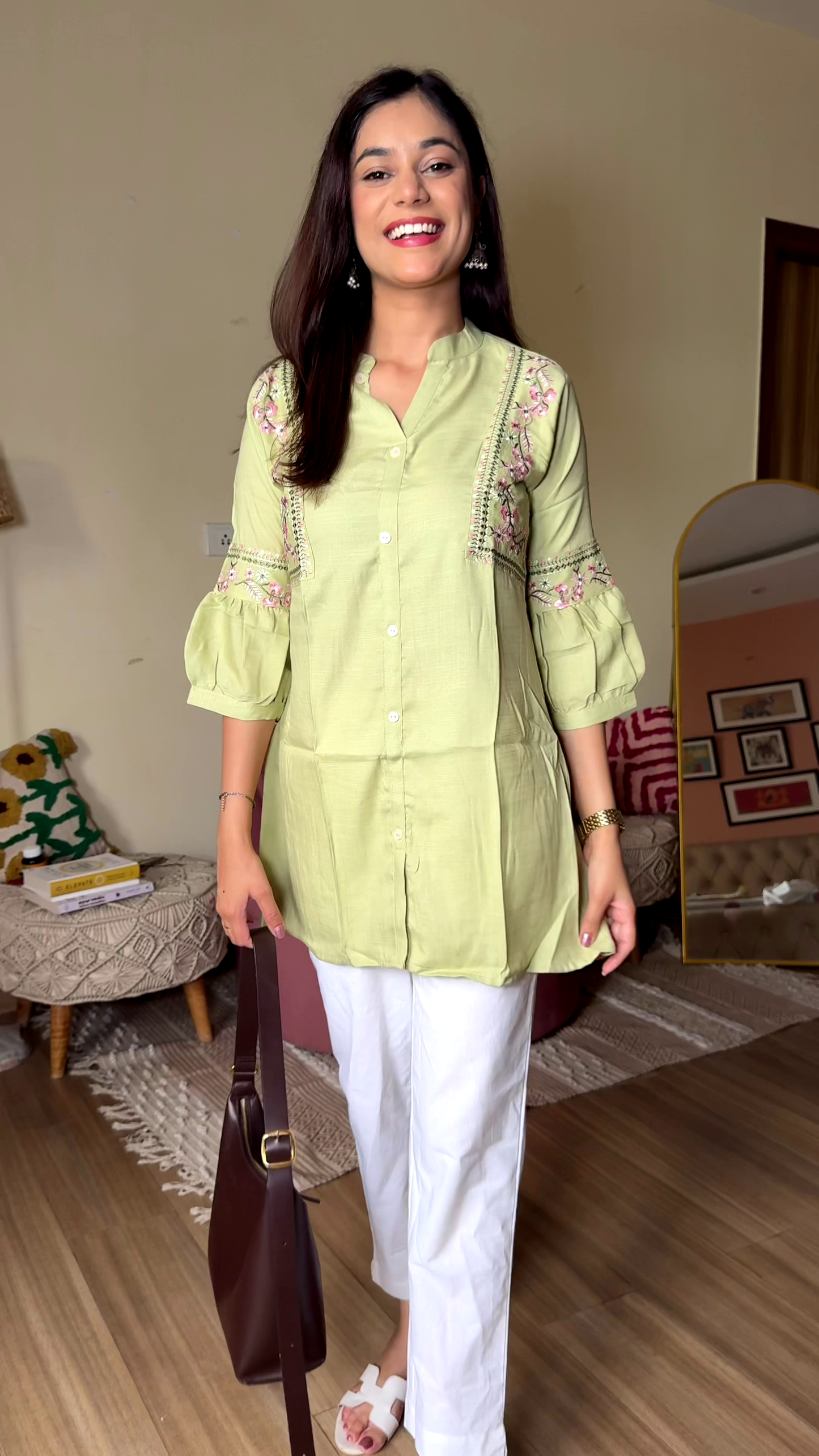 Blush Embroidered Kurta Set in Cozy Living Room – Soft Elegance with Everyday Charm