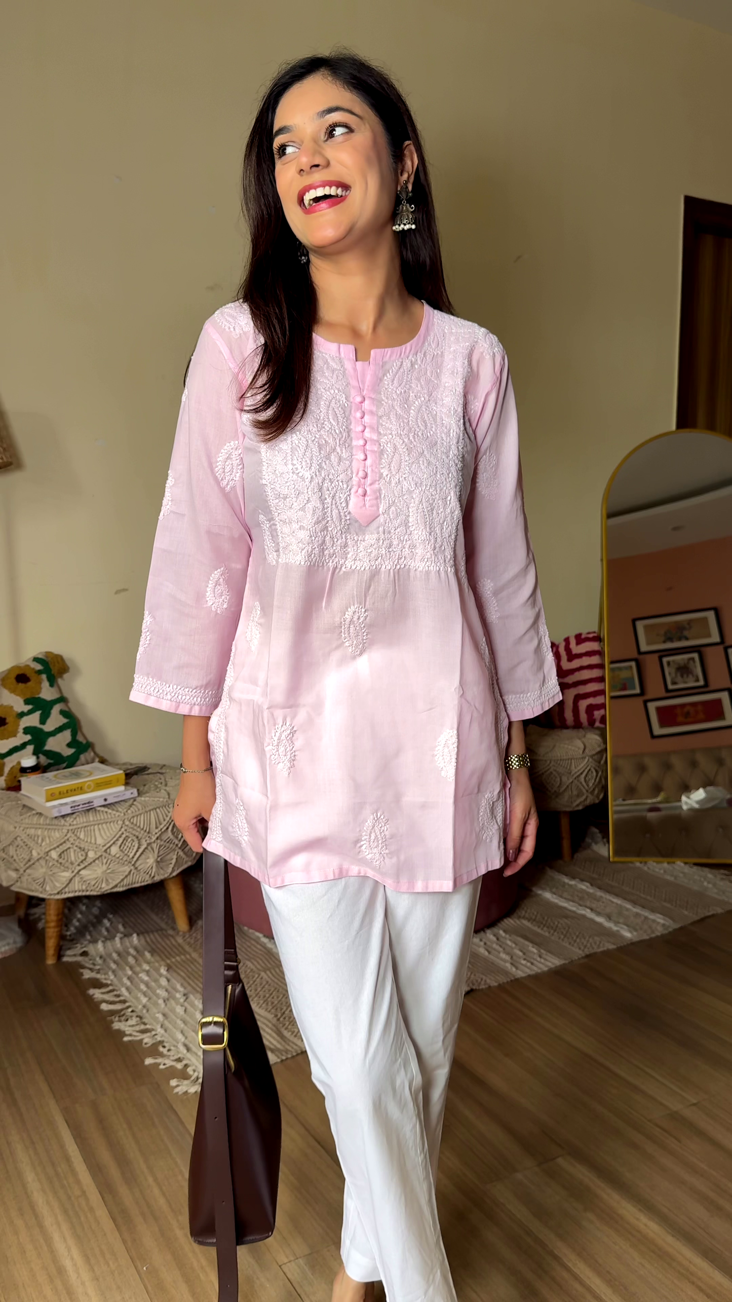 Blush Embroidered Kurta Set in Cozy Living Room – Soft Elegance with Everyday Charm