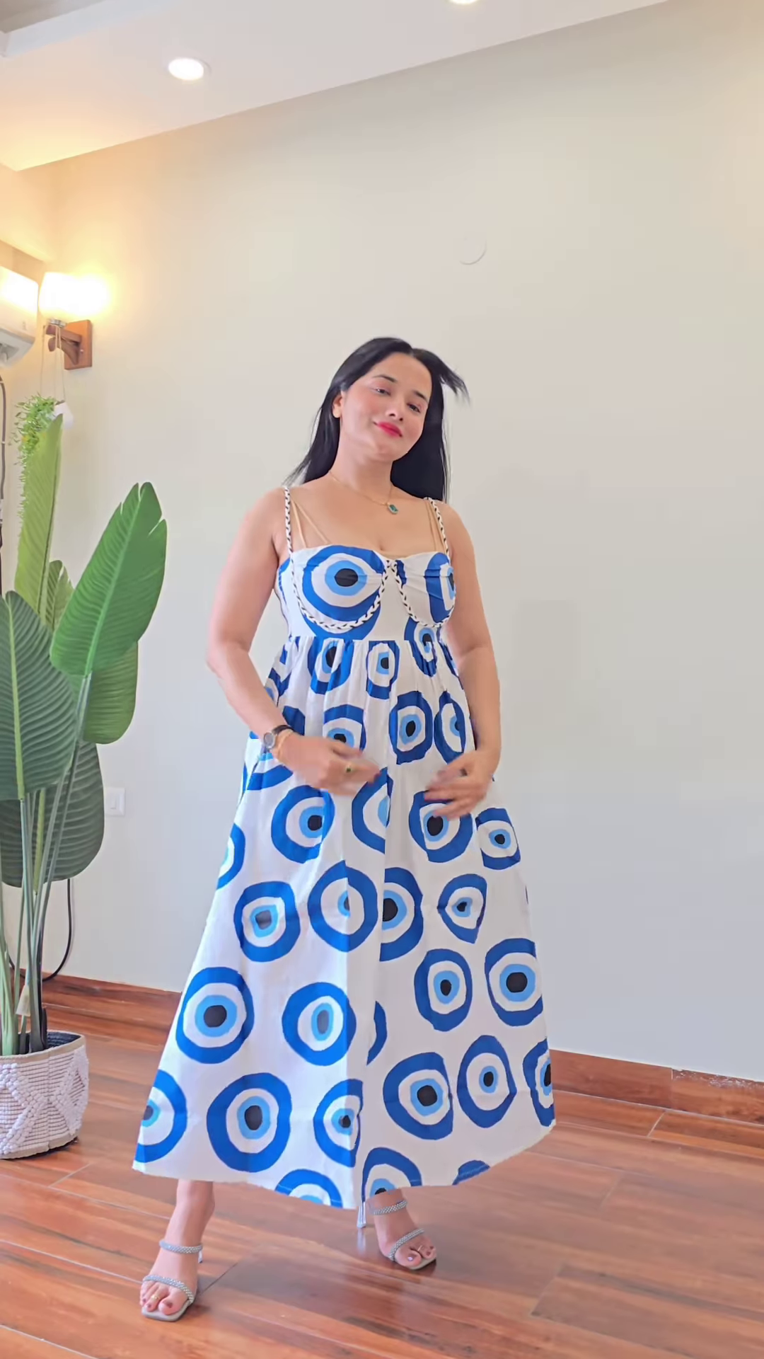 White & Indigo Patterned Strappy Dress – Breezy Geometry for Summer Chic
