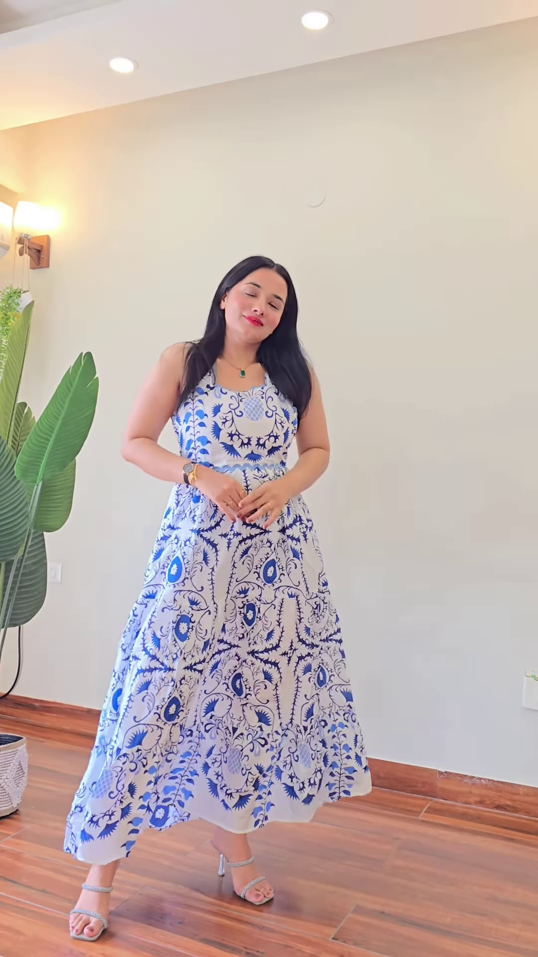 White & Indigo Patterned Strappy Dress – Breezy Geometry for Summer Chic