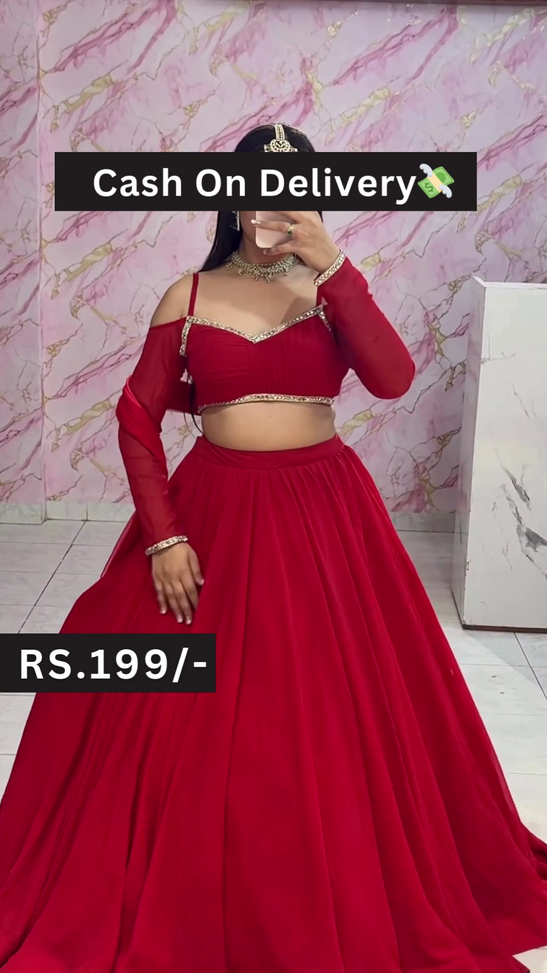 Bold Red Off-Shoulder Lehenga Choli Set with Mirror Selfie Styling – Youthful Elegance for Festive Glam