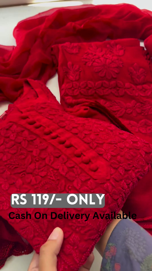 Red Floral Embroidered Three-Piece Suit