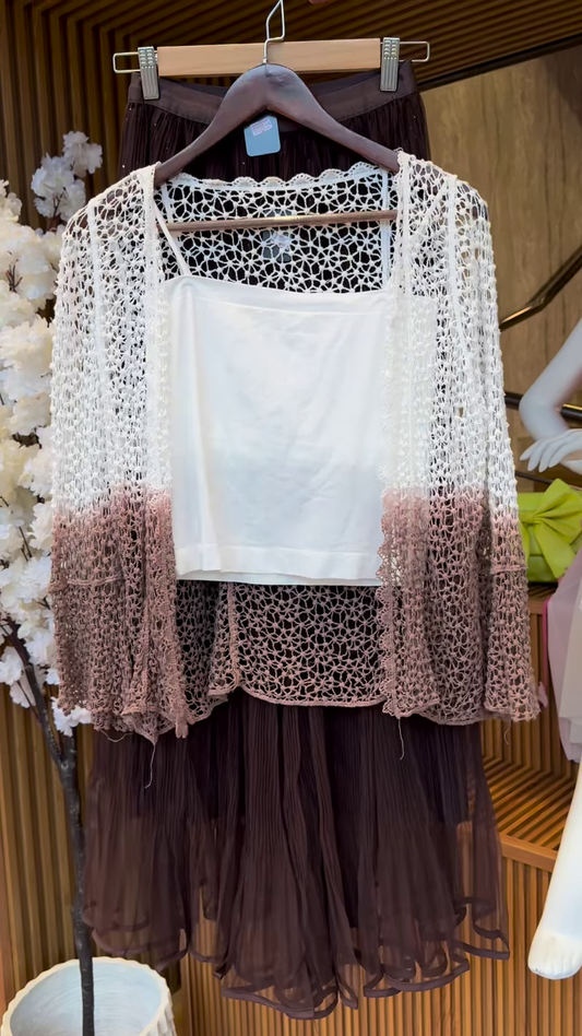White Ribbed Top with Ombre Crochet Cardigan & Brown Pleated Skirt