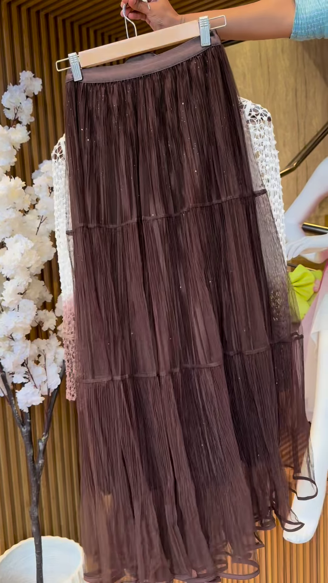 White Ribbed Top with Ombre Crochet Cardigan & Brown Pleated Skirt