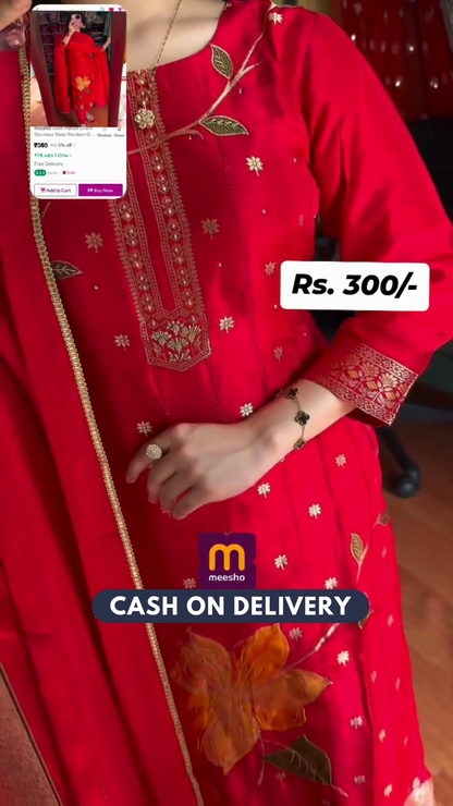 Women Silk Blend Kurti Pant Dupatta Set