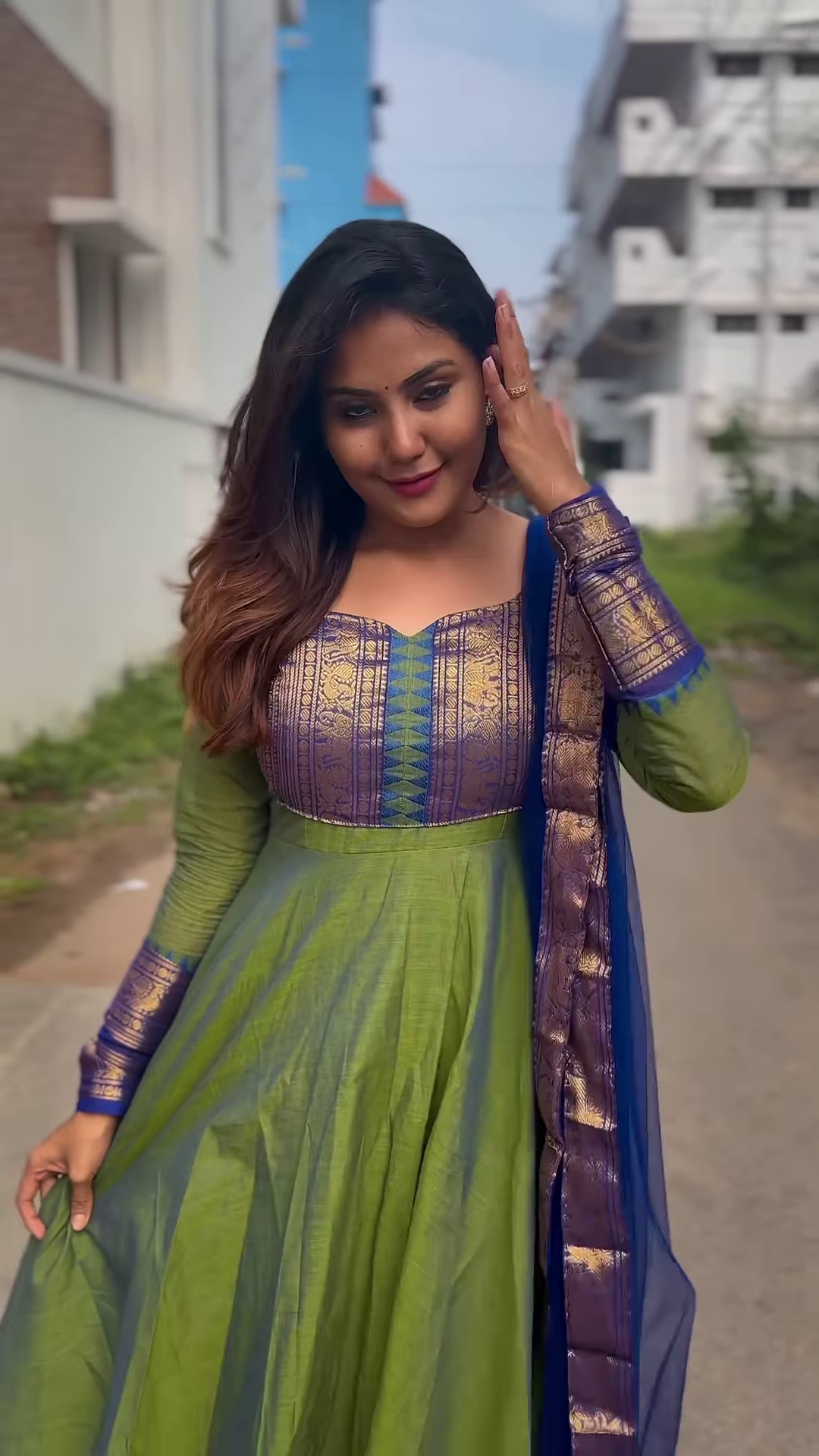 Elegant Green & Blue Banarasi Anarkali Suit with Zari Border