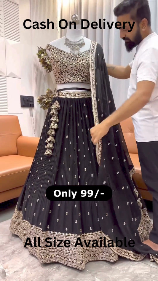 Embroidered Net Lehenga in Black