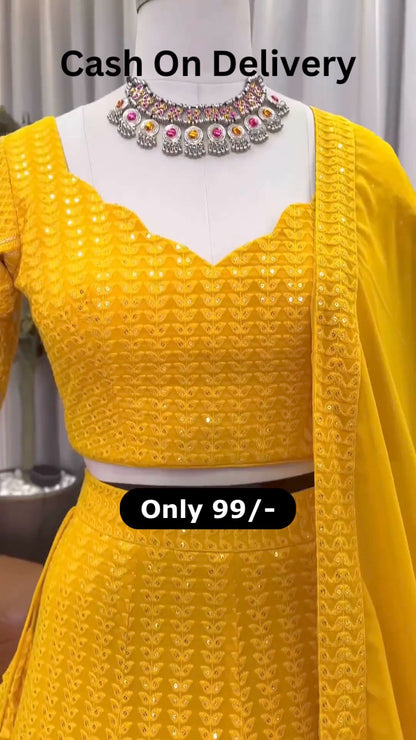 Yellow color Designer Embroidery & Mirror work Lehenga choli for Haldi Function