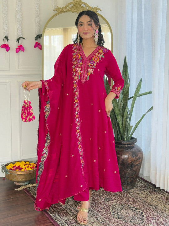 Women Floral Embroidered Regular Thread Work Kurta with Trousers & With Dupatta