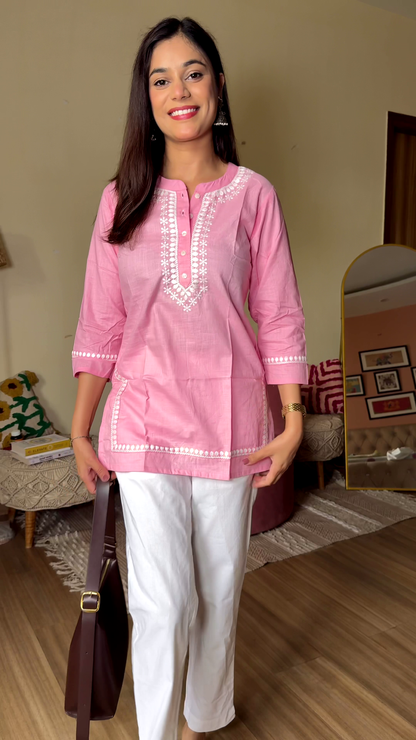Blush Embroidered Kurta Set in Cozy Living Room – Soft Elegance with Everyday Charm