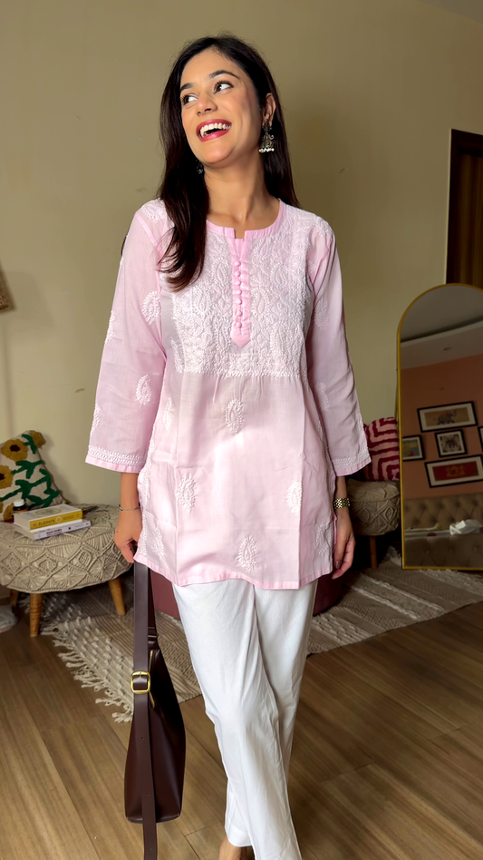 Blush Embroidered Kurta Set in Cozy Living Room – Soft Elegance with Everyday Charm