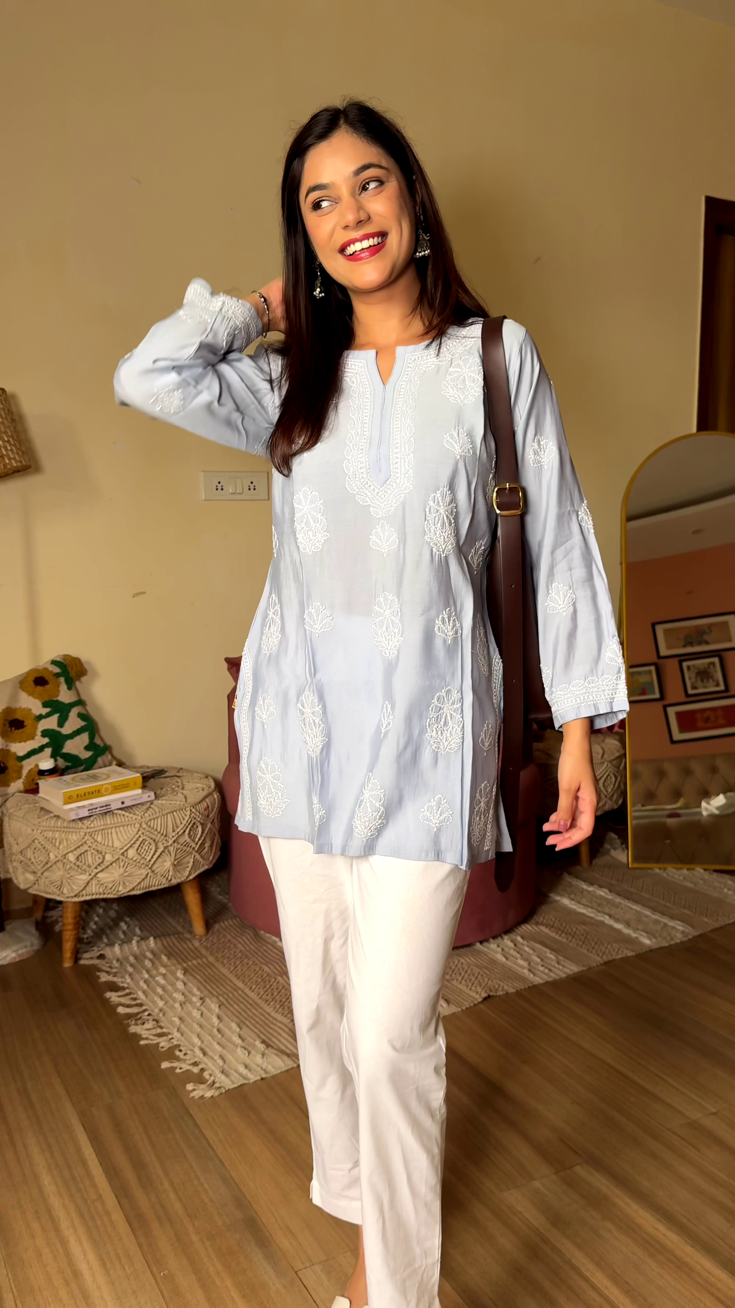 Blush Embroidered Kurta Set in Cozy Living Room – Soft Elegance with Everyday Charm