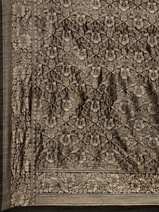 Black Floral Linen Blend Banarasi Saree