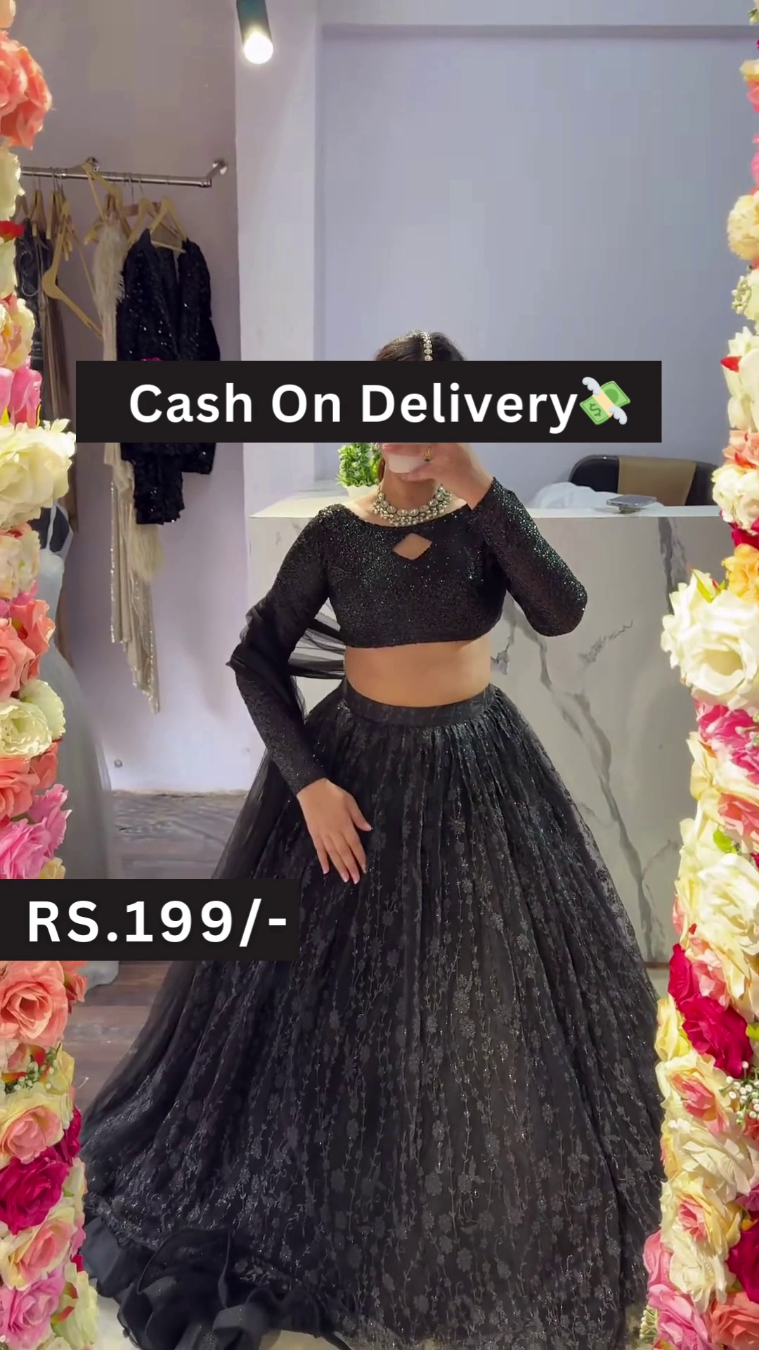 Black Sequin Crop Top Lehenga Set with Lace Skirt and Floral Mirror Selfie Styling – Glam Fusion for Every Festive Mood