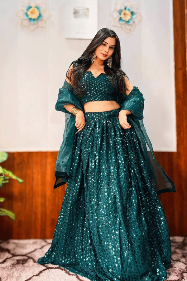 Sangeet Look In Teal Color Lehenga Choli For Girl From Anaya Designer Studio