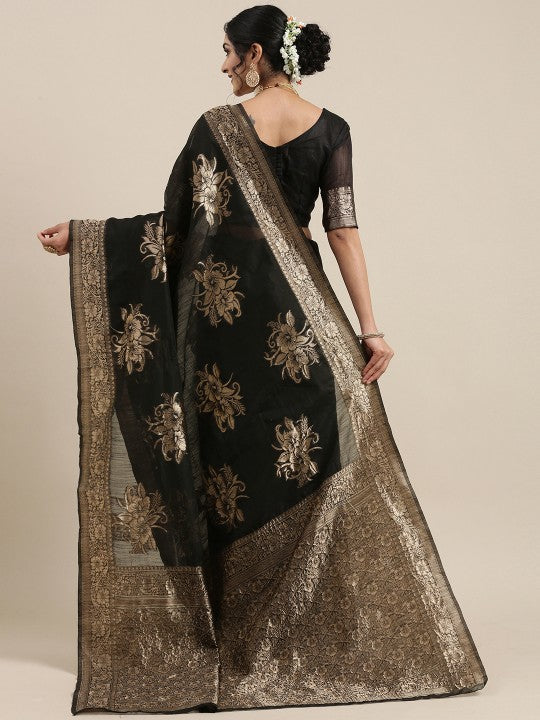 Black Floral Linen Blend Banarasi Saree