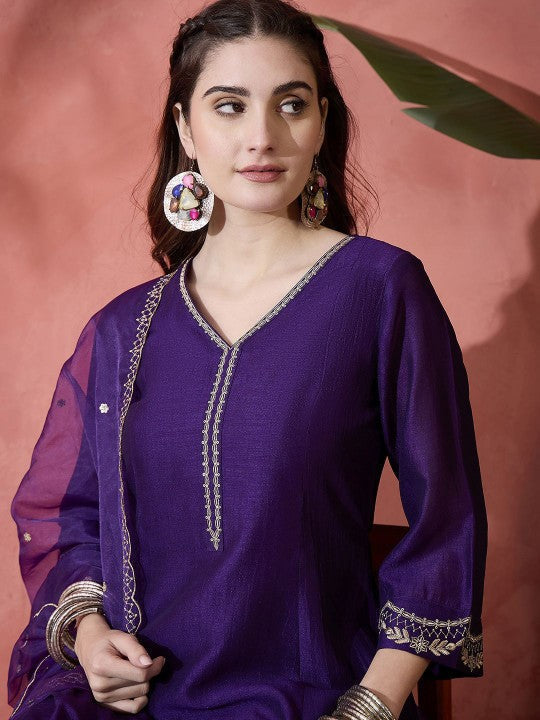Floral Embroidered V-Neck A-Line Kurta With Trousers & Dupatta