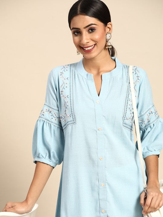 Blue Embroidered Detail A-Line Top