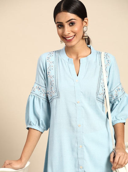 Blue Embroidered Detail A-Line Top