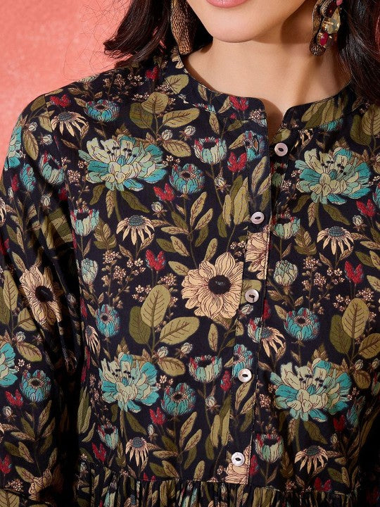 Floral Printed Mandarin Collar Longline Top