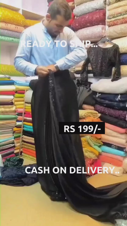 Black Georgette Solid-Plain with Tassels Party Wear Saree with Unstitched Blouse