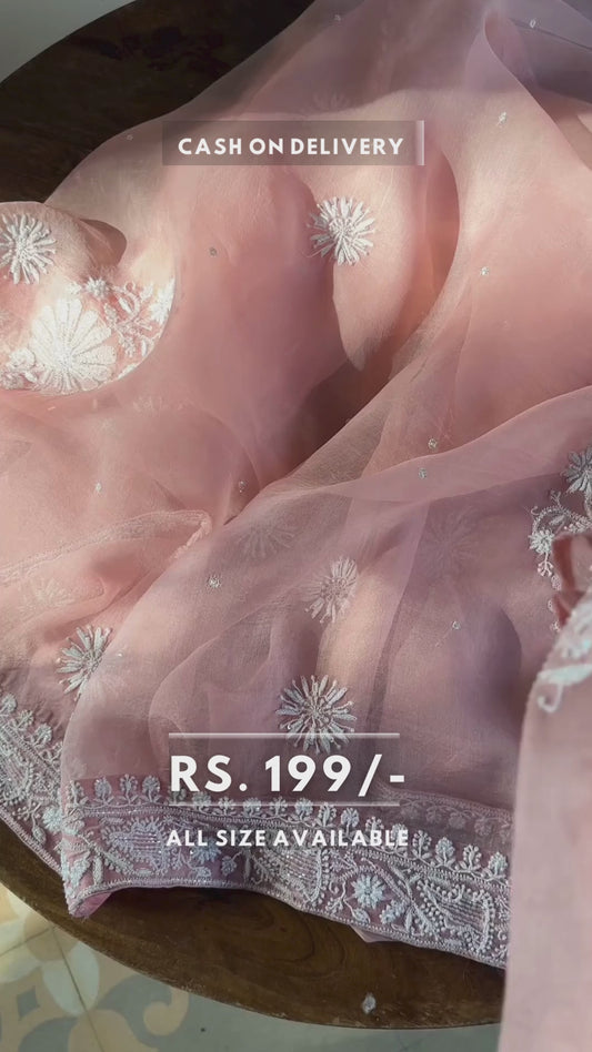 Organza Chikankari Applique Peach color Kurta Set