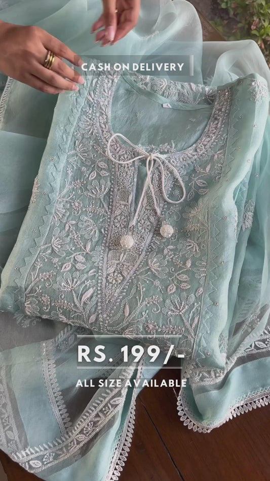 Organza Chikankari Applique Kurta Set