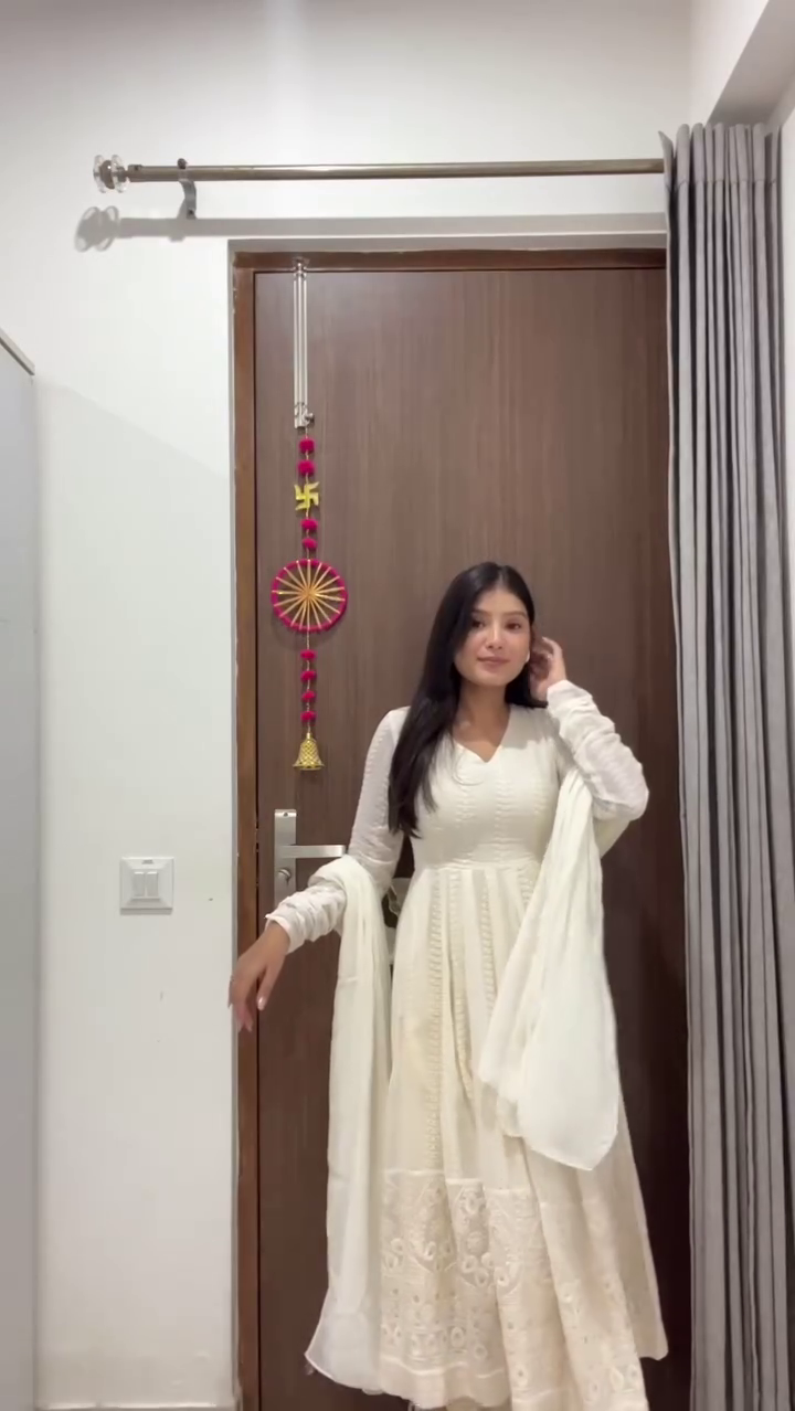 White Ethnic Motifs Embroidered Chikankari Anarkali Kurta & Dupatta