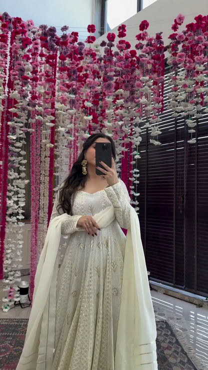 WHITE EMBROIDERED GEORGETTE ANARKALI FULLY STITCHED SUIT SET