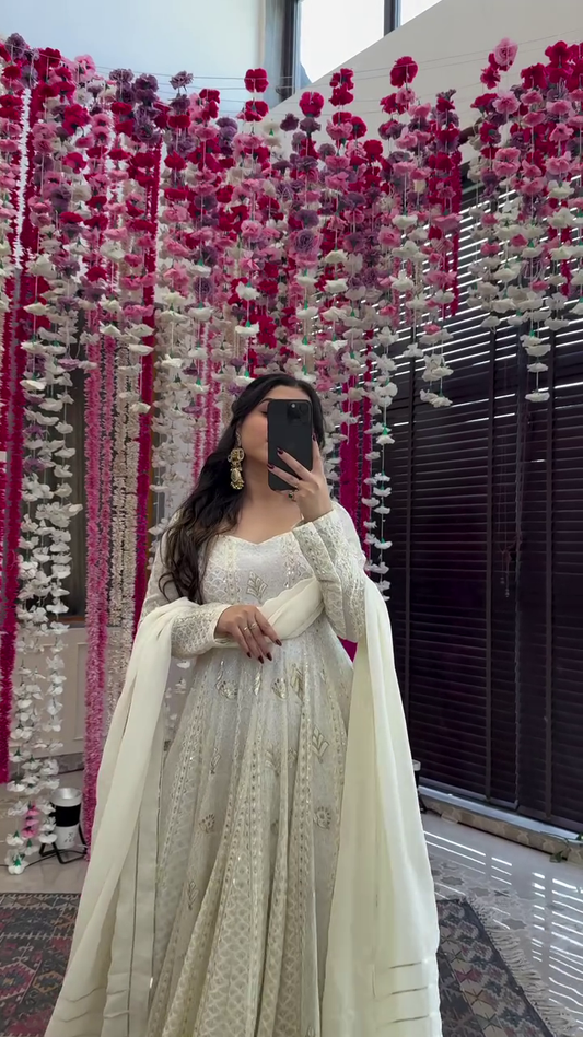 WHITE EMBROIDERED GEORGETTE ANARKALI FULLY STITCHED SUIT SET