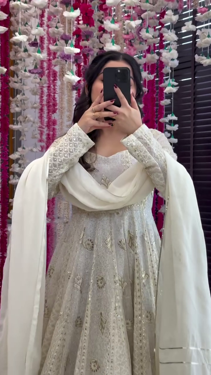 WHITE EMBROIDERED GEORGETTE ANARKALI FULLY STITCHED SUIT SET