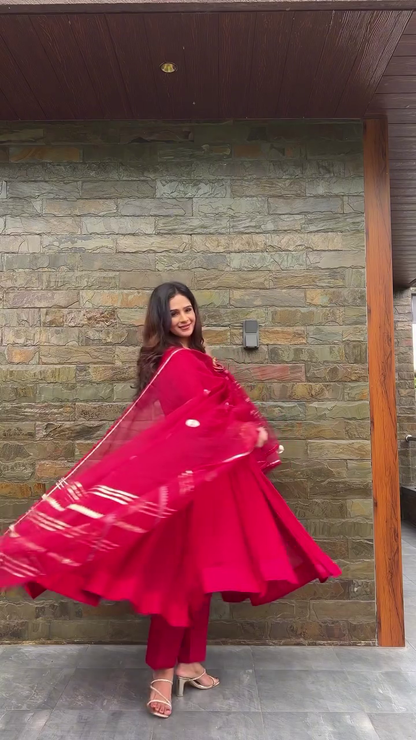 Maroon Color Georgette Anarkali With Embroidered Dupatta