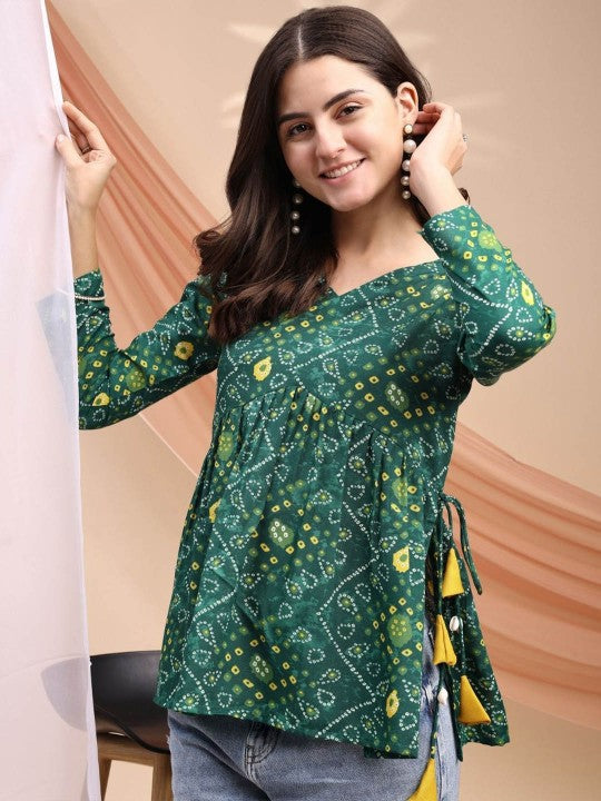 Women Bandhani Print Peplum Kurti With Tassles and Kodi