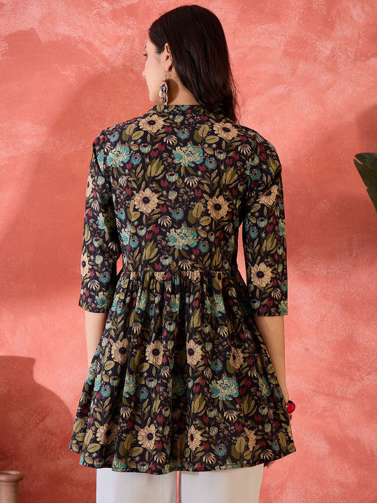 Floral Printed Mandarin Collar Longline Top