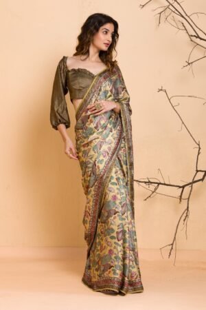 Lemon Yellow Floral Printed Semi Crepe Designer Saree