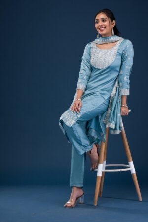 Sky Blue Zariwork Art Silk Readymade Salwar Suit