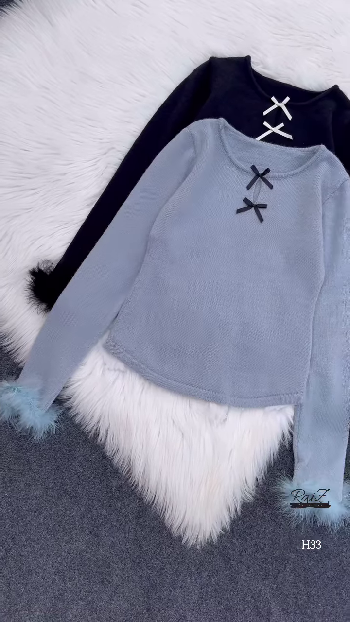 Fur-Cuffed Bow Detail Sweaters 🧥 Available in Black, Light Blue, Dark Grey, Red & Cream - Image 2