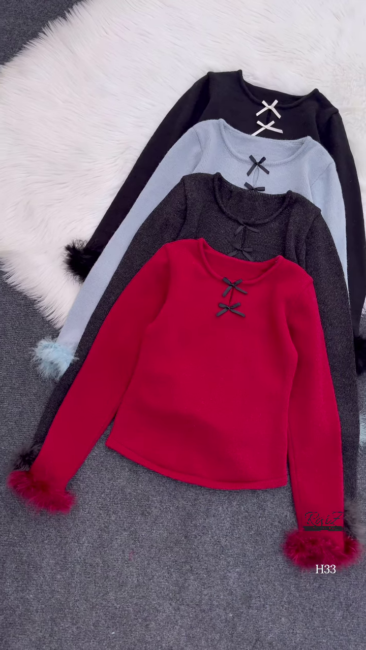 Fur-Cuffed Bow Detail Sweaters 🧥 Available in Black, Light Blue, Dark Grey, Red & Cream - Image 3