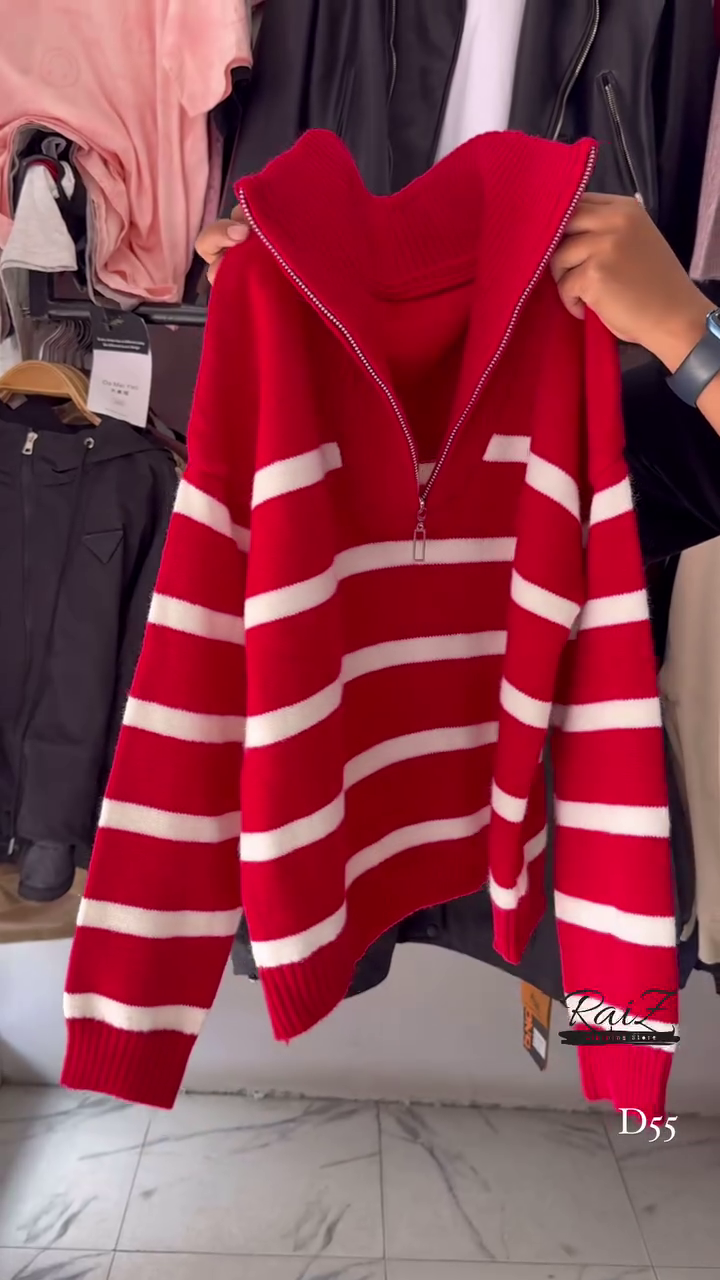 Striped Knit Sweater Collection 🧶 Half-Zip & Crew Styles – Cream, Blue, Red & More