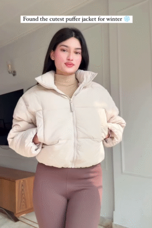 Beige Puffer Jacket Look 🤍 with Brown Leggings – Soft & Stylish Winterwear