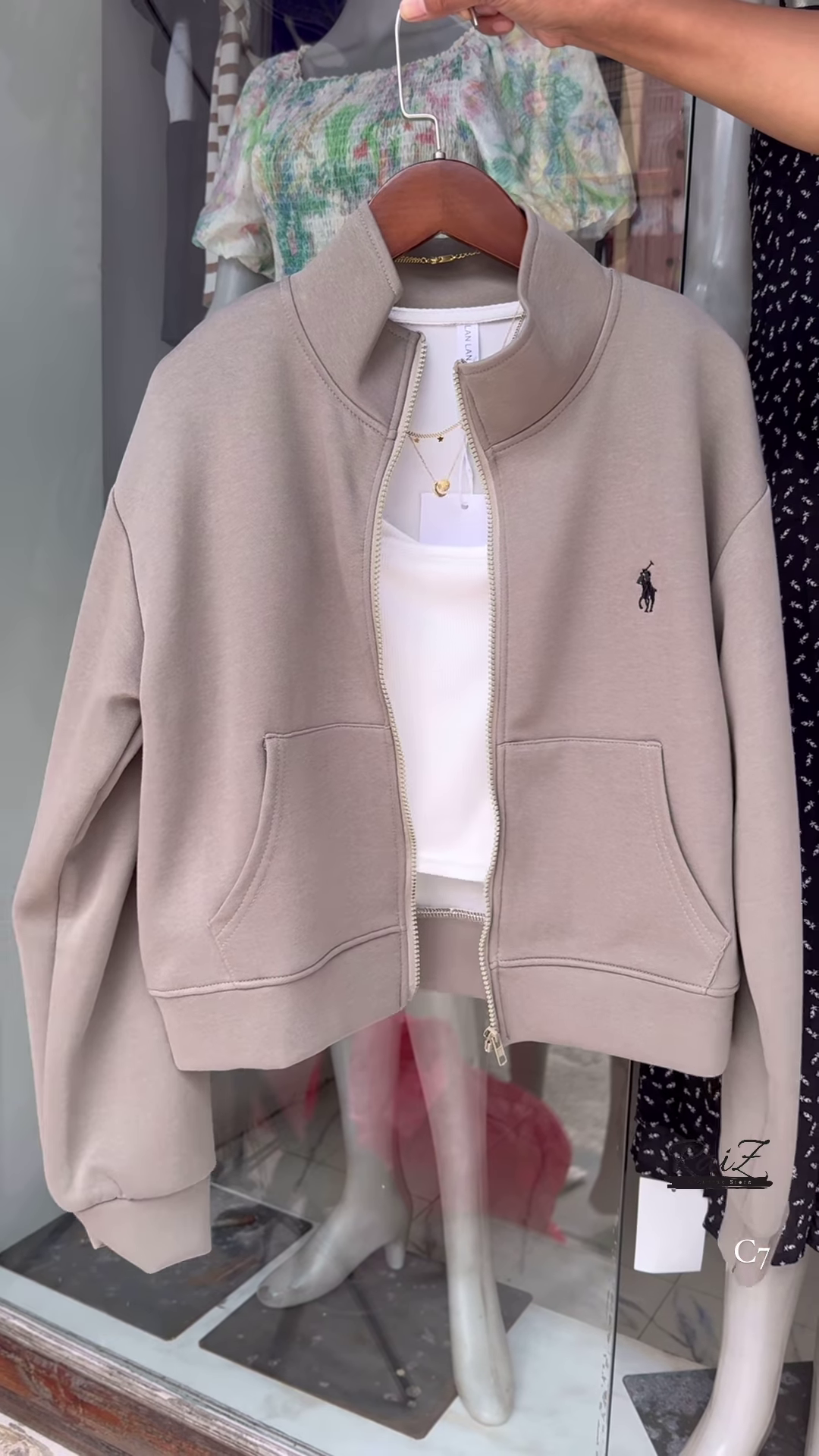 Zip-Up Layered Jackets 🧥✨ With High Collars & Gold Necklace Styling – Beige, White & Brown Variants - Image 2