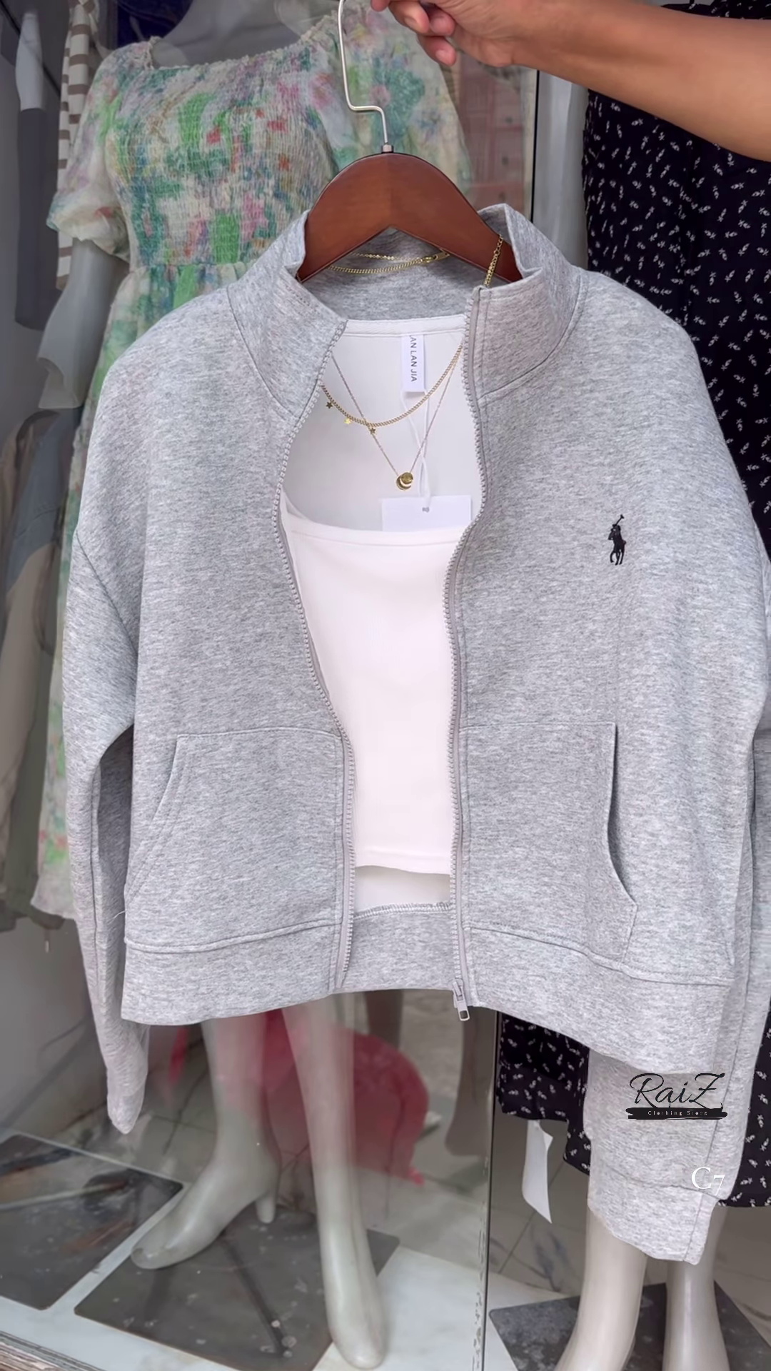 Zip-Up Layered Jackets 🧥✨ With High Collars & Gold Necklace Styling – Beige, White & Brown Variants - Image 5