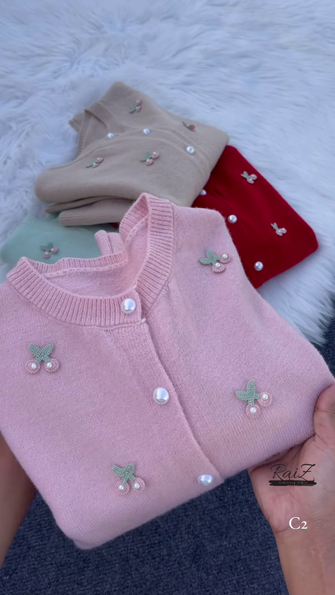 Cherry Embroidered Knit Cardigans ππ§Ά With Pearl Buttons β Beige, Mint, Red & White Variants - Image 4