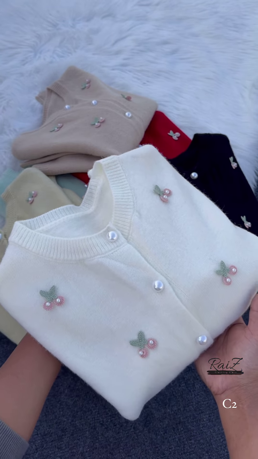 Cherry Embroidered Knit Cardigans ππ§Ά With Pearl Buttons β Beige, Mint, Red & White Variants - Image 7