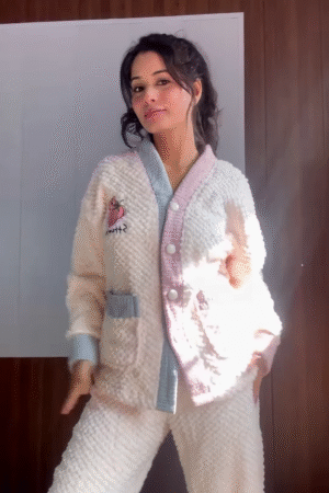 Plush & Fuzzy Co-ord Sets 🧸❄️ With Embroidery & Pastel Charm – Blue, Strawberry & Dog Variants