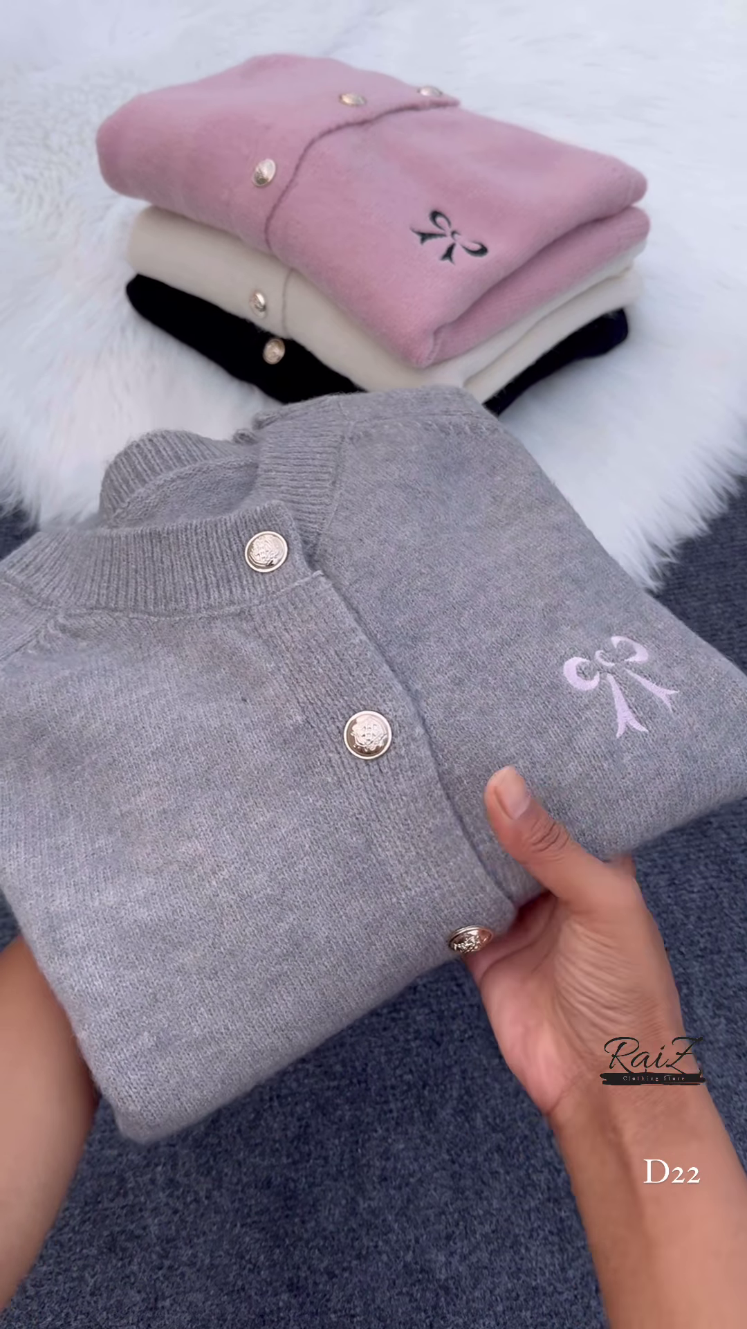 Bow-Embroidered Pearl Button Cardigans π§₯π β Soft Knit Layers in Cream, Black, Pink & Gray Variants - Image 2